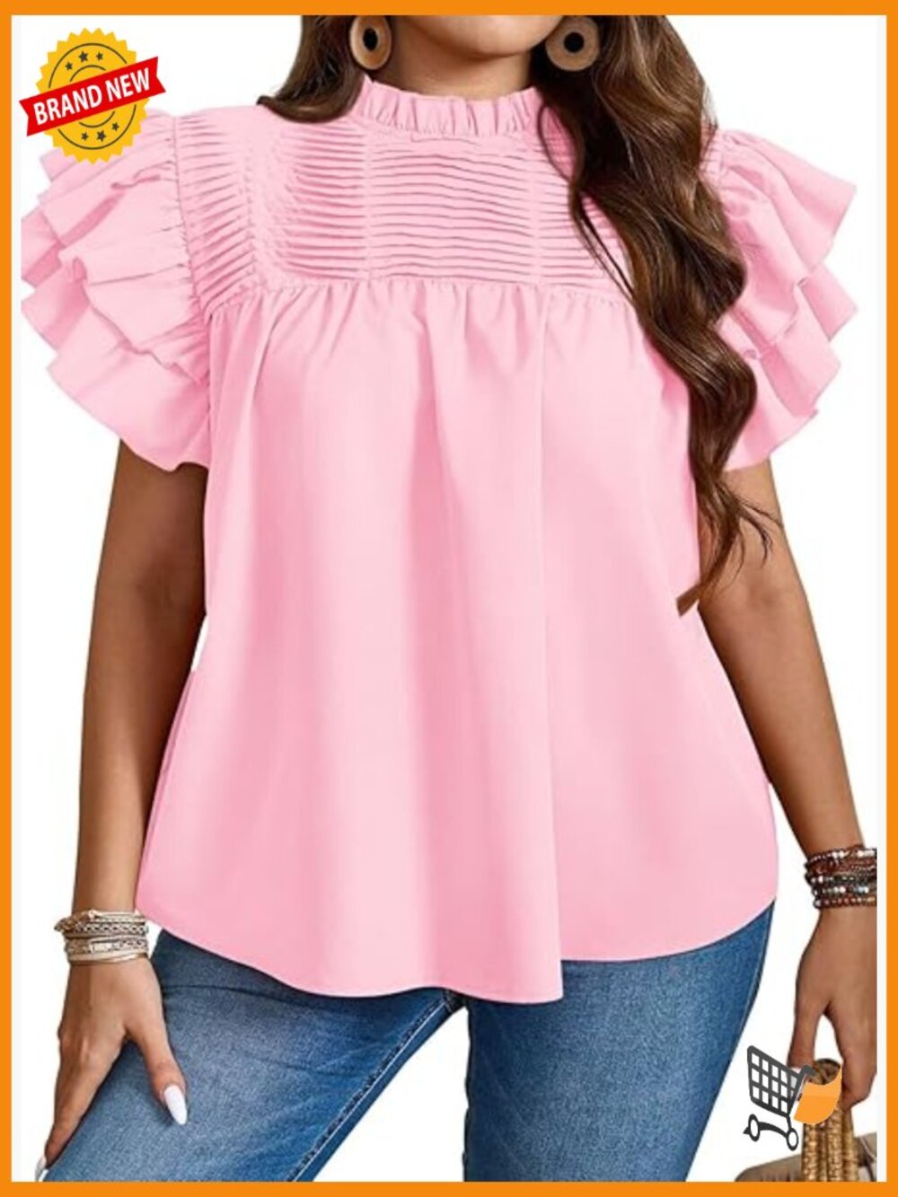 Womens Plus Size Ruffle Sleeve Blouse Mock Neck Pleated Tunic Loose Fit Shirt